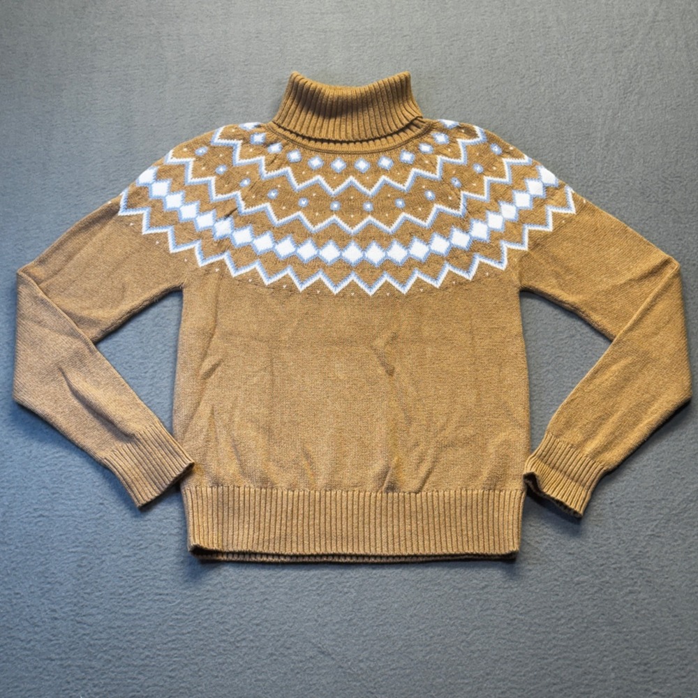 J. Crew Fair Isle Turtleneck Sweater Small Brown Cotton Knit Nordic Geometric